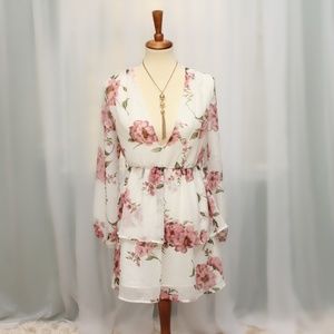 white floral chiffon double tier plunge skater dress